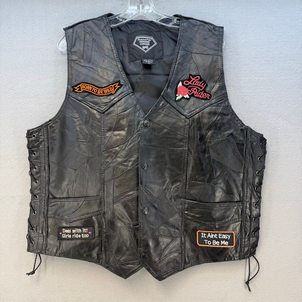 Diamond Plate Leather Vest Women's XL Black Leather Love to Ride Lined